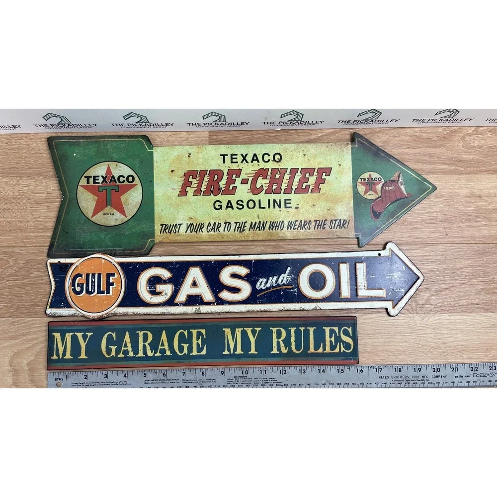 Texaco Gulf Gas Oil Metal Sign Set Garage My Rules 3pc Wall Decor
